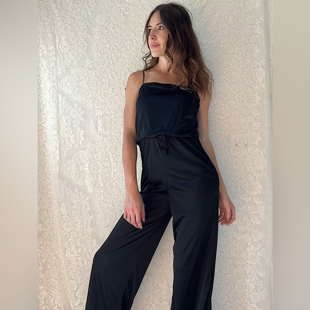 Vintage 70s Union Made Black Disco Jumpsuit Adjustable Straps Zip Back